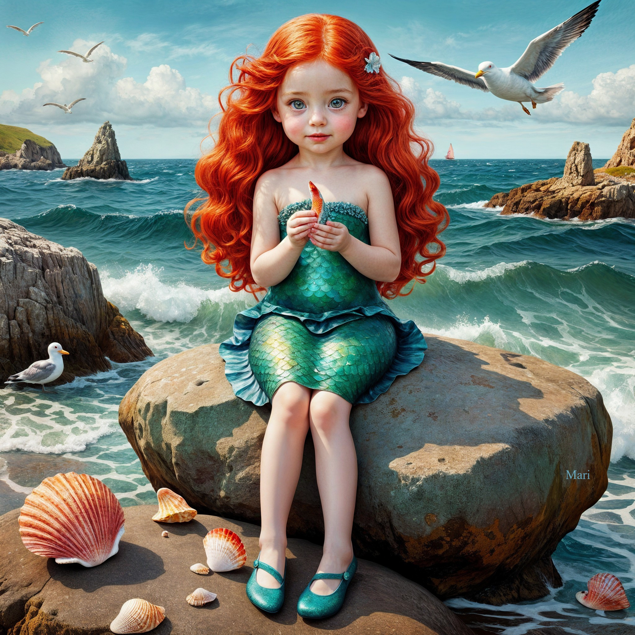 Young mermaid with red hair by rocky seaside