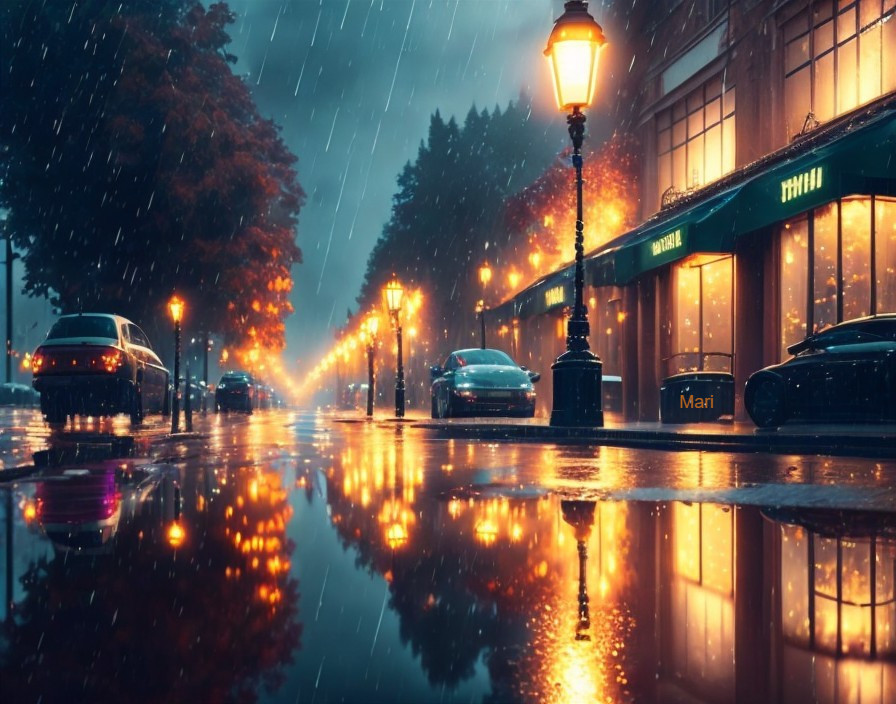 Rainy Night Street Scene with Warm Lighting and Reflections