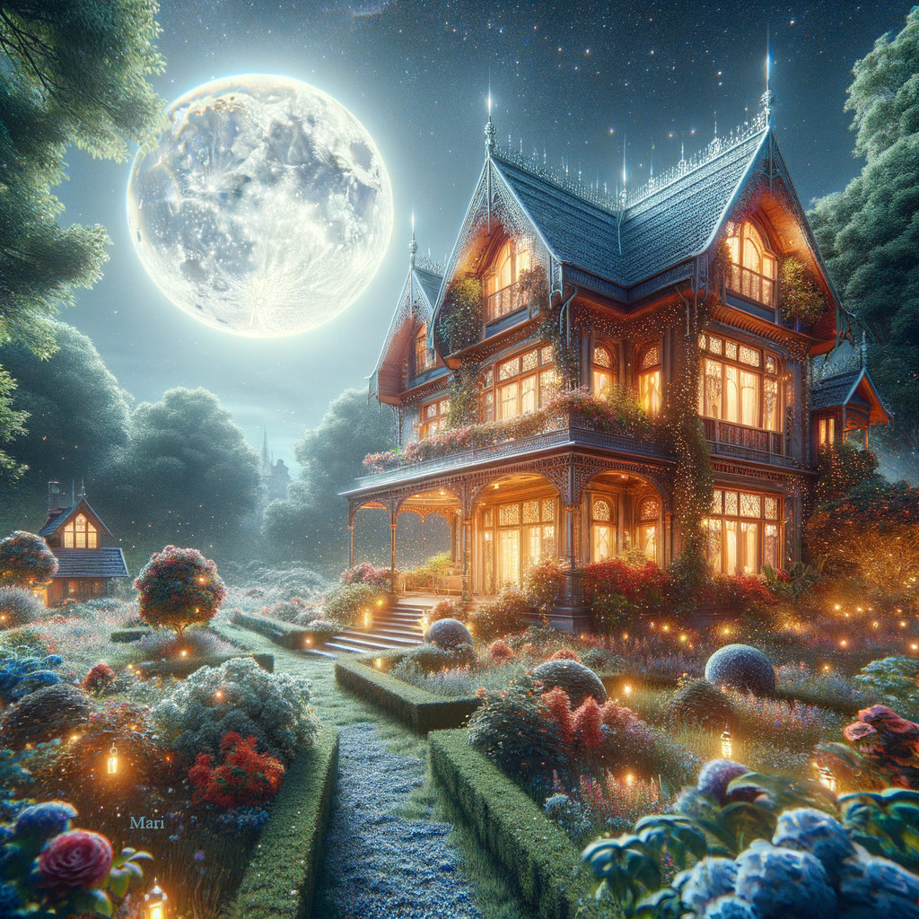 Victorian Mansion Surrounded by Lush Gardens at Night