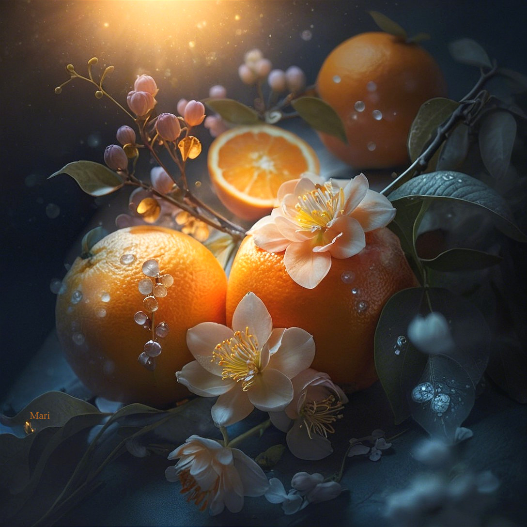 Vibrant Oranges with Blossoms and Verdant Leaves