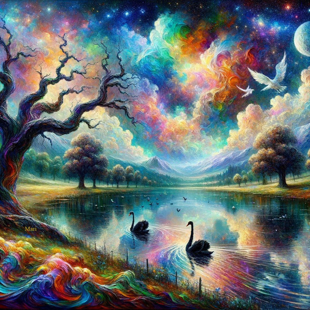 Vibrant Dreamlike Landscape with Swans and Stars