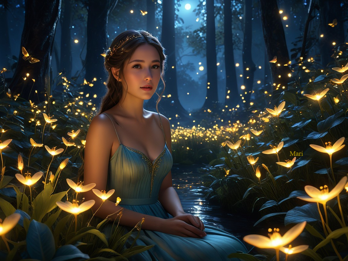 Magical Forest Scene with Glowing Flowers and Stream