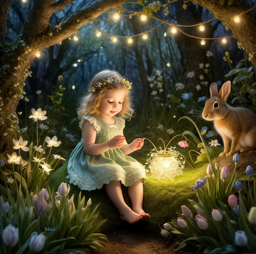 Young girl in mint dress with lantern in forest glade
