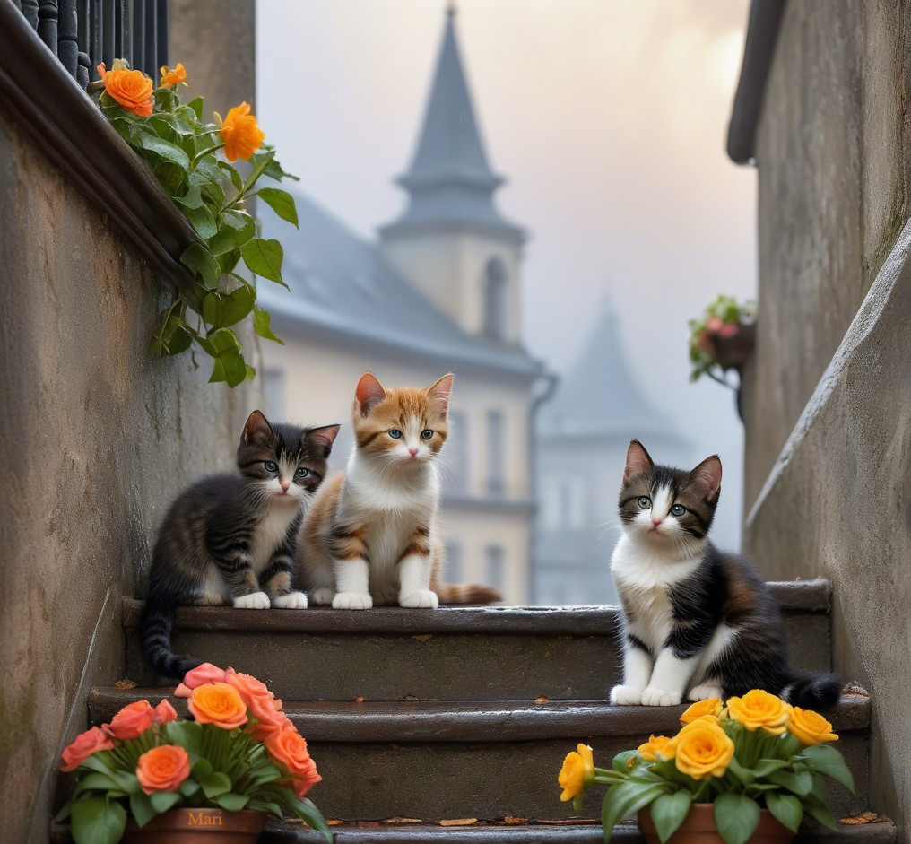 Kittens on Stone Staircase with Orange Roses and Mist