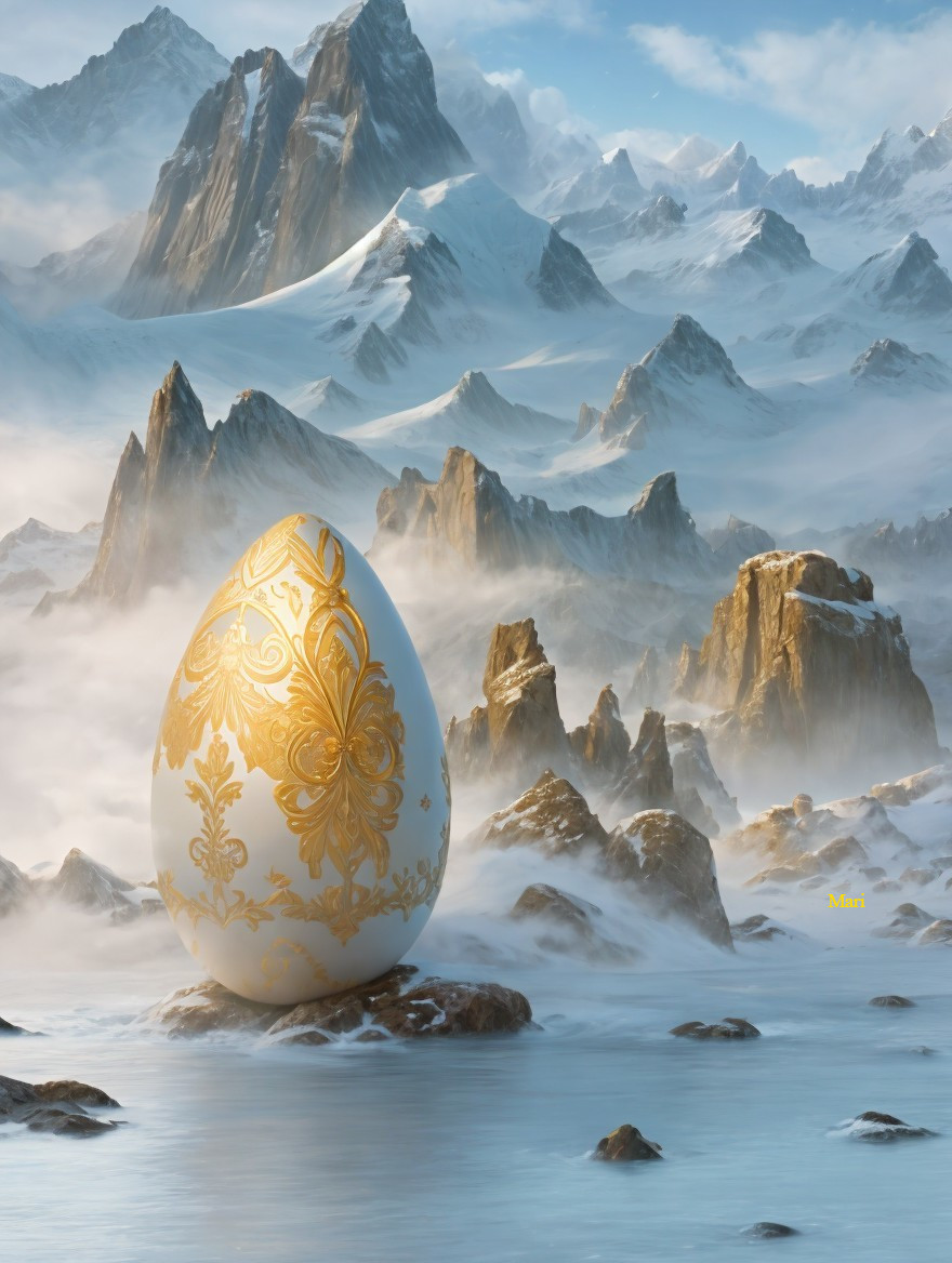 Ornate Golden Egg on Rocky Outcrop with Mountains