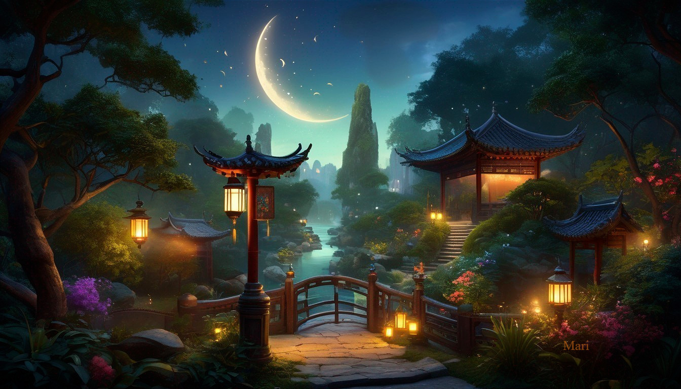 Serene Night Scene in a Mystical Asian Garden