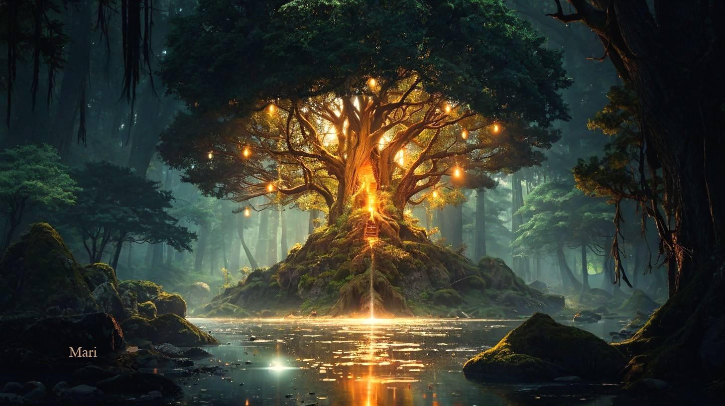 Majestic Tree with Glowing Canopy in Serene Forest