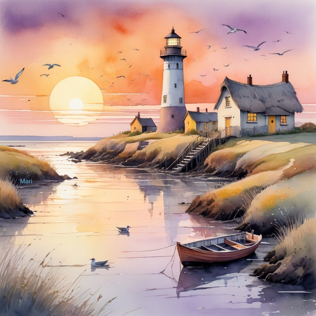 Coastal Landscape with Lighthouse and Cottage at Sunset