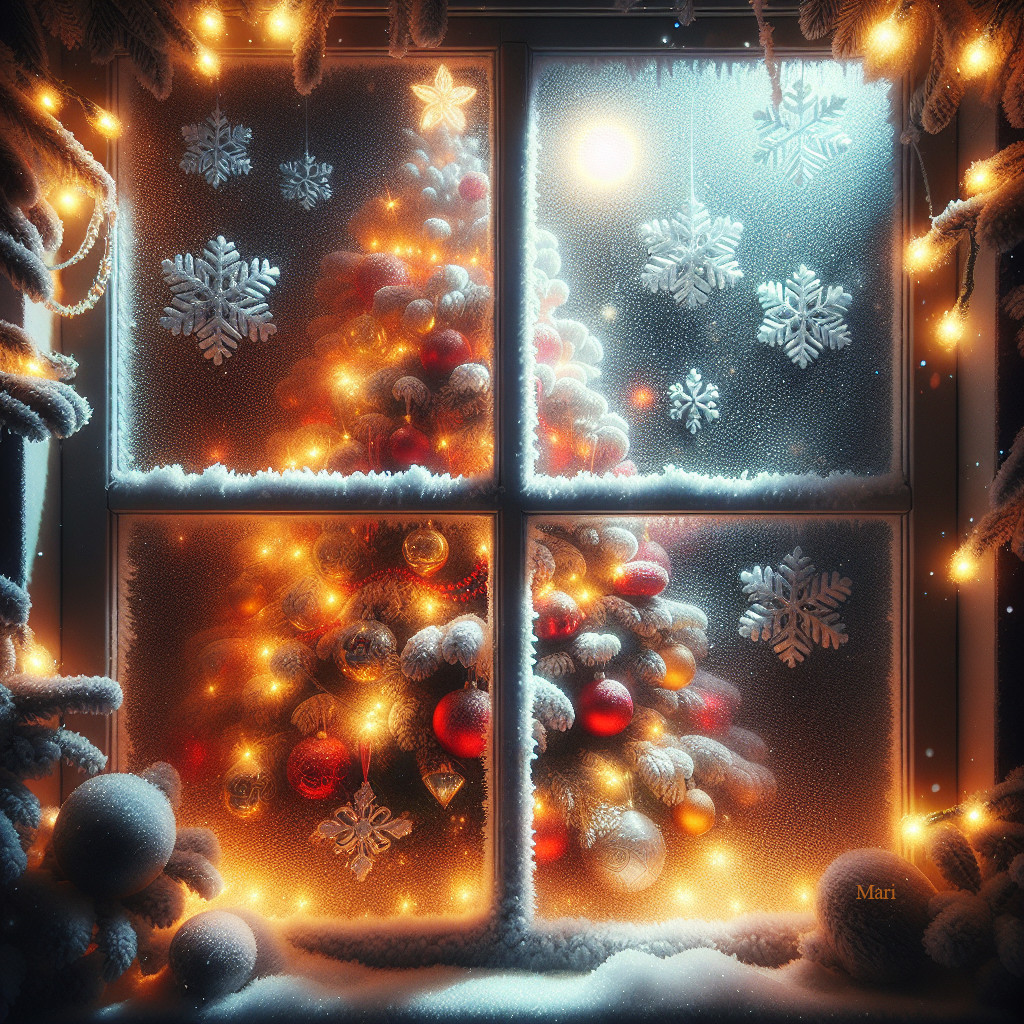 Cozy Christmas Scene with Frosted Window and Tree