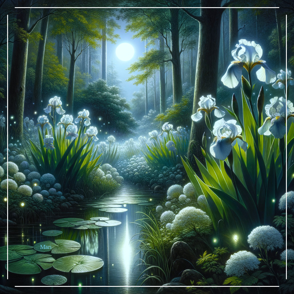 Moonlit Forest with River and White Irises