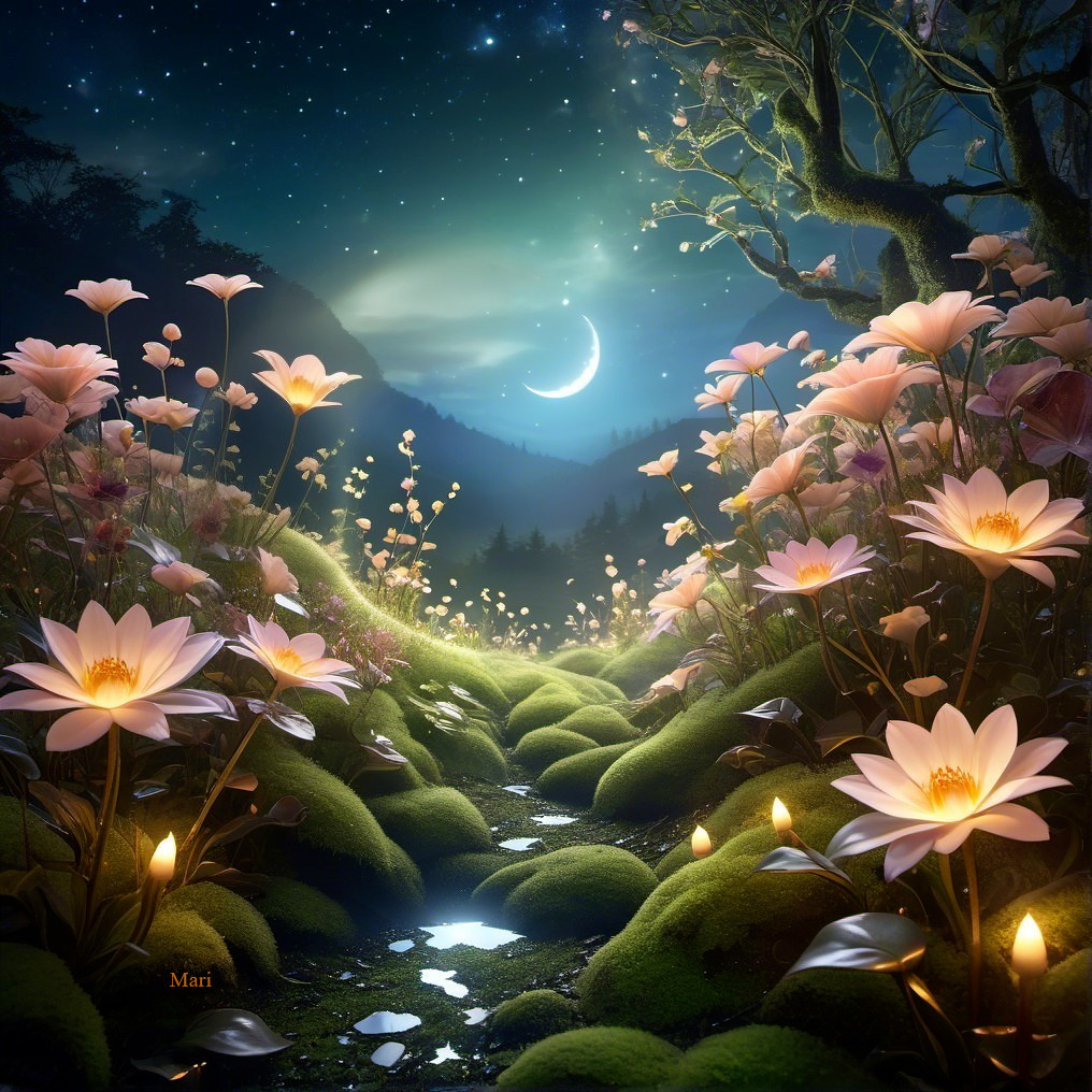 Serene Moonlit Landscape with Glowing Flowers and Stream