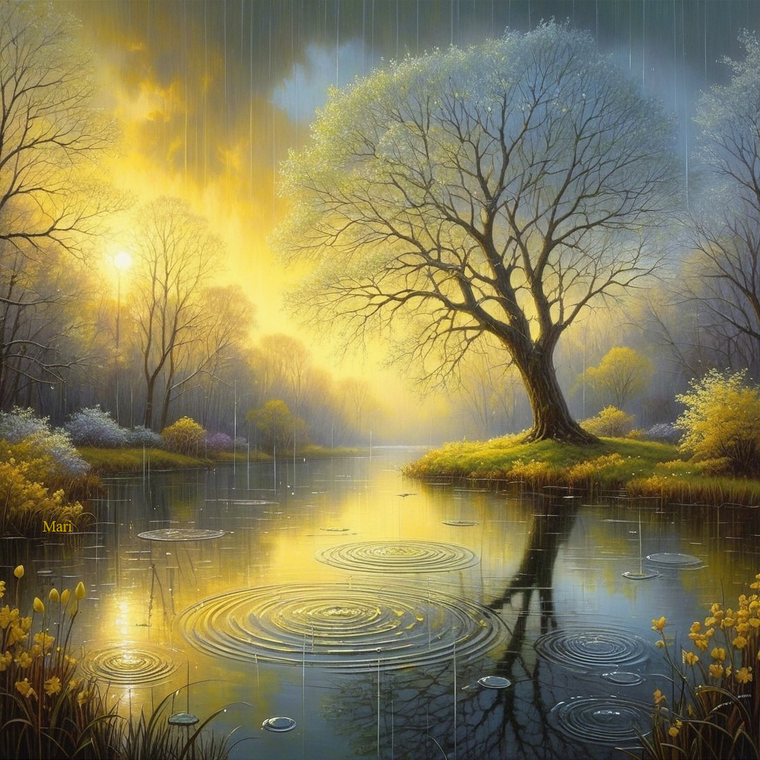 Tranquil Pond with Leafless Tree and Golden Light