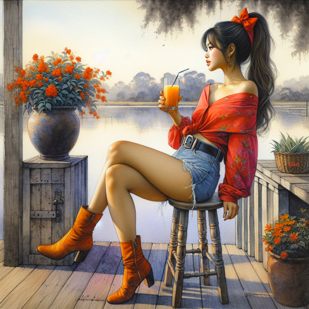 Young woman in red blouse by serene lakeside