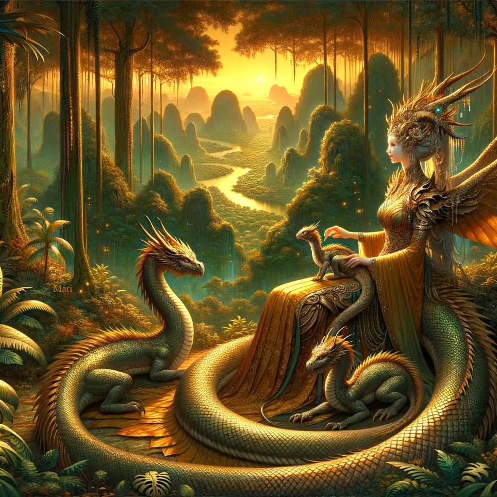 Regal figure with wings in a mystical forest at sunset