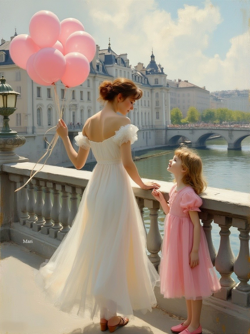 Graceful Woman with Balloons by Scenic Bridge