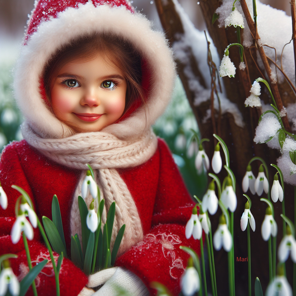 Young girl in red coat among snowdrops in winter