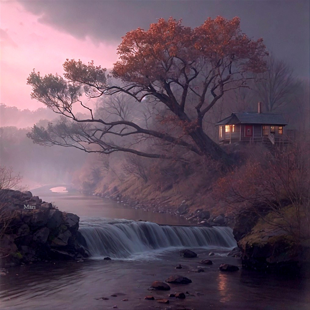 Cozy House by River in Serene Autumn Landscape