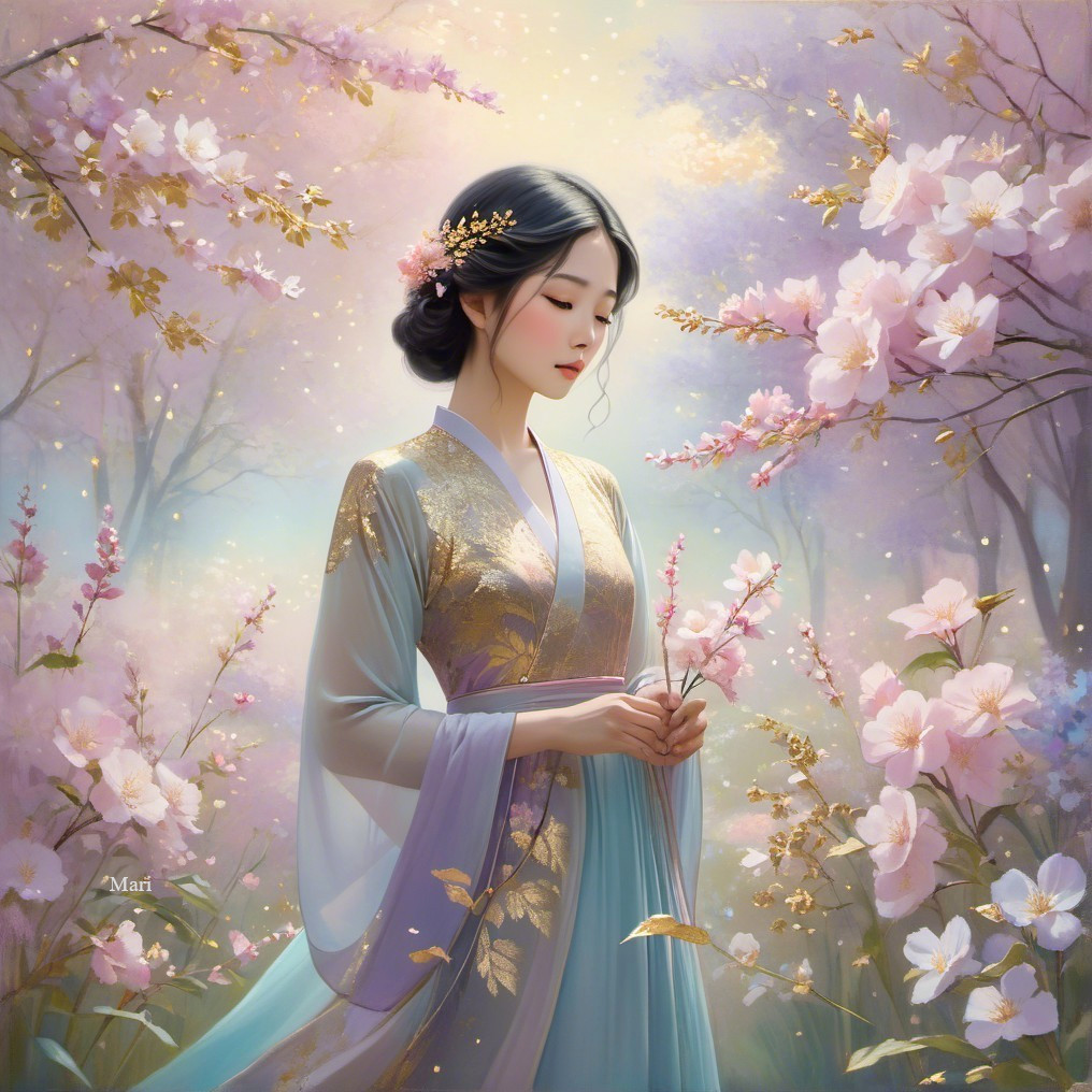 Serene Woman in Flowing Gown Among Cherry Blossoms