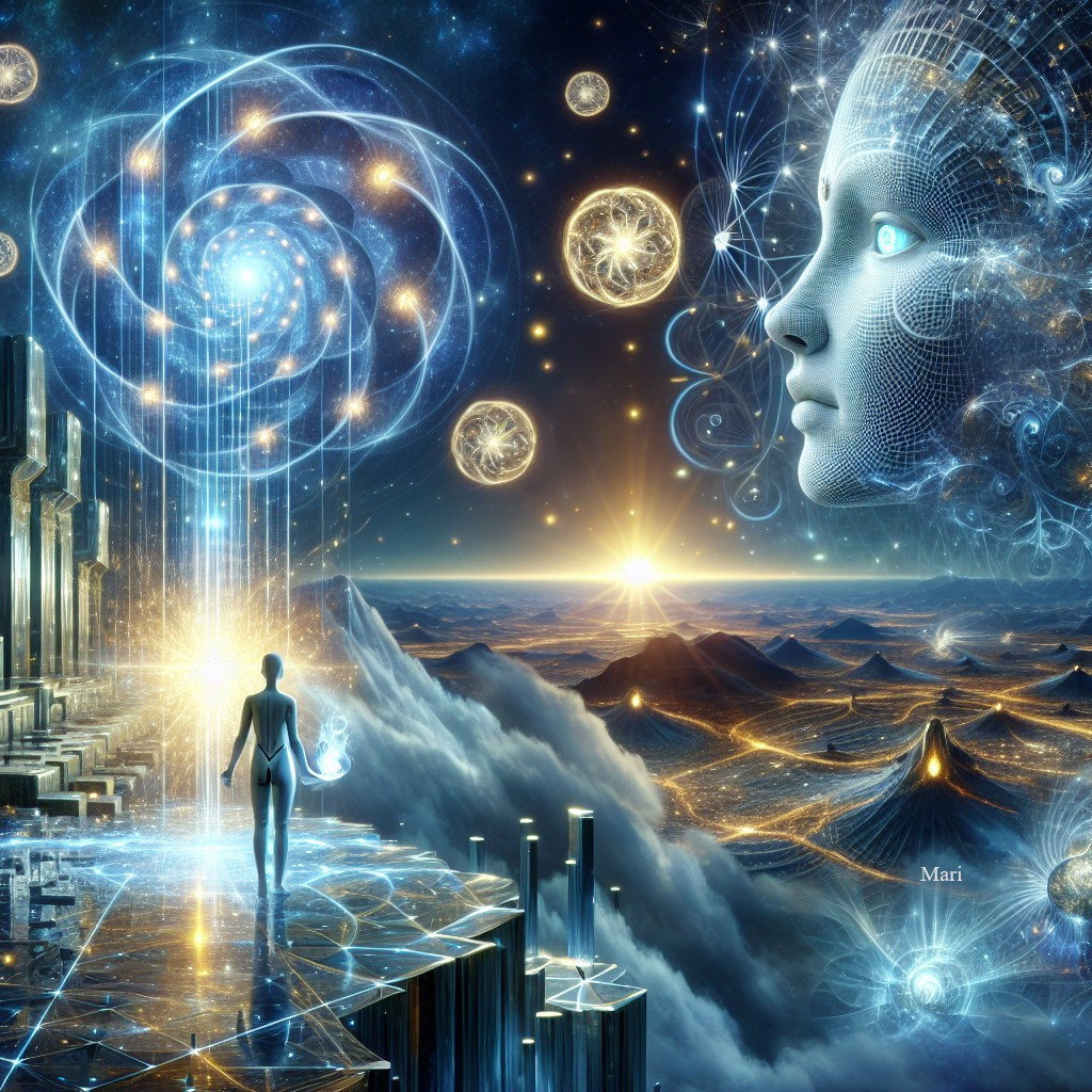 Futuristic landscape with figure and cosmic scenery