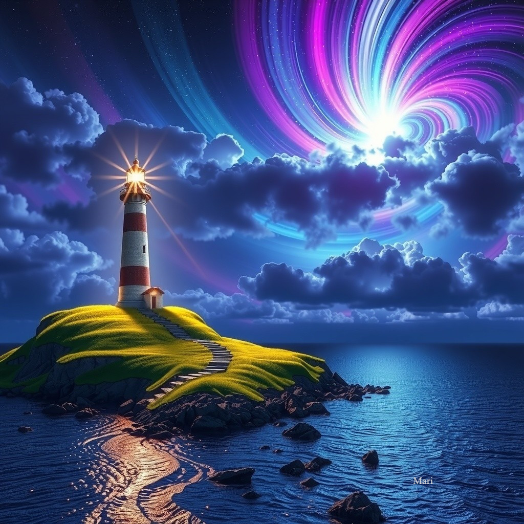 Lighthouse on a Green Island Under Colorful Skies