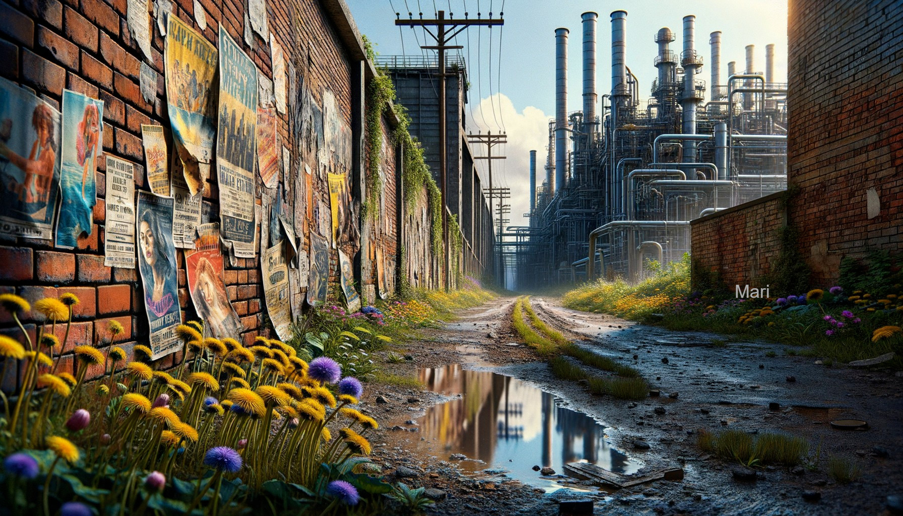 Serene Alley with Greenery and Industrial Towers