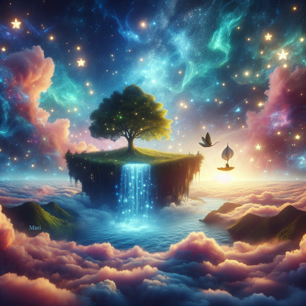 Floating Island with Tree and Waterfall in Sky