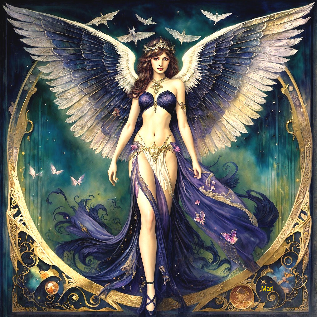 Majestic angel with white wings in gold frame