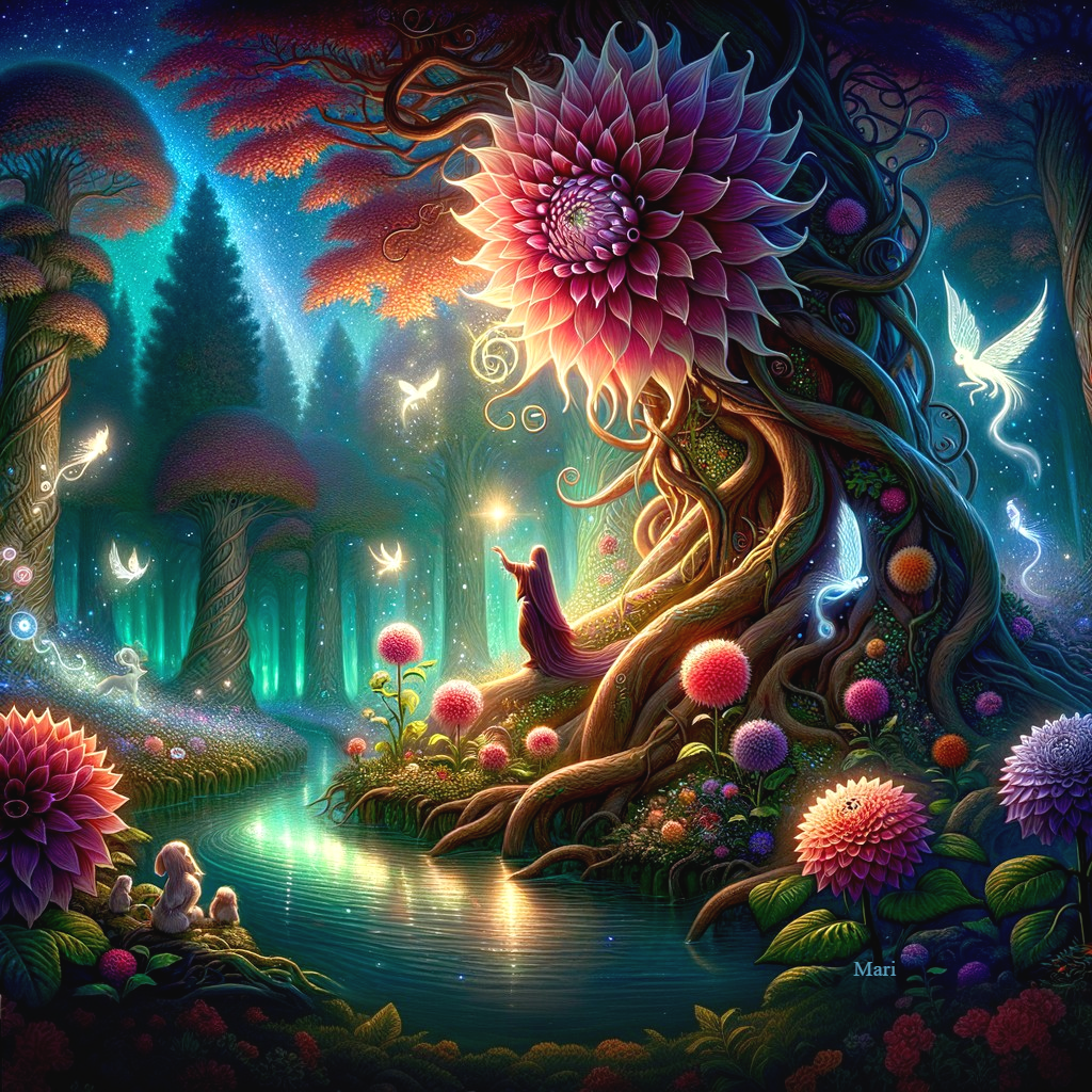 Whimsical Forest Scene with Ethereal Light and Creatures