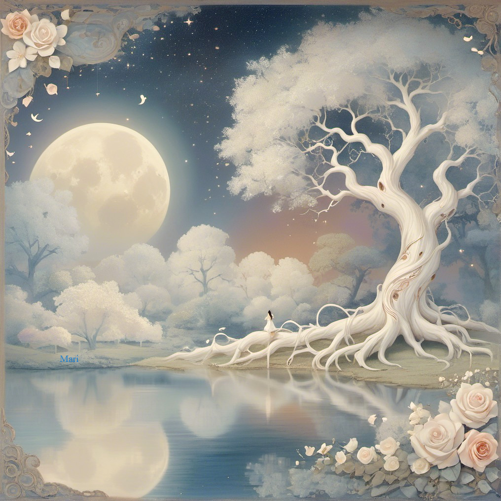 Serene landscape with white tree and reflective lake