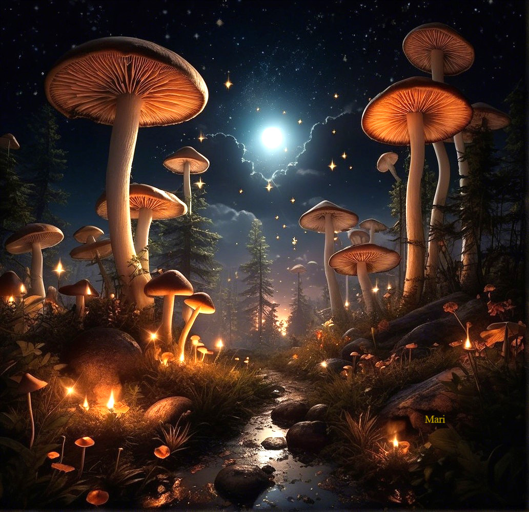 Mystical Night Forest with Vibrant Mushrooms and Stream