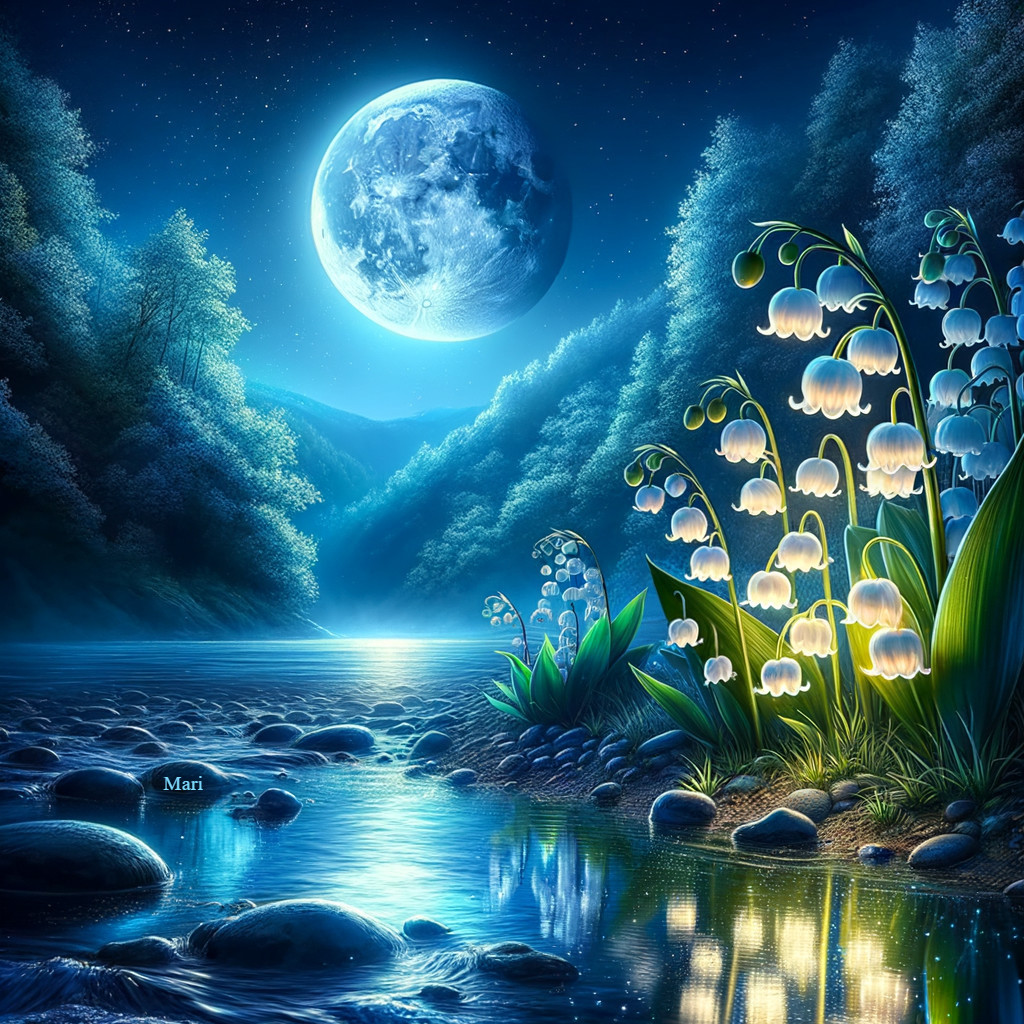 Serene Nighttime Landscape with River and Lilies
