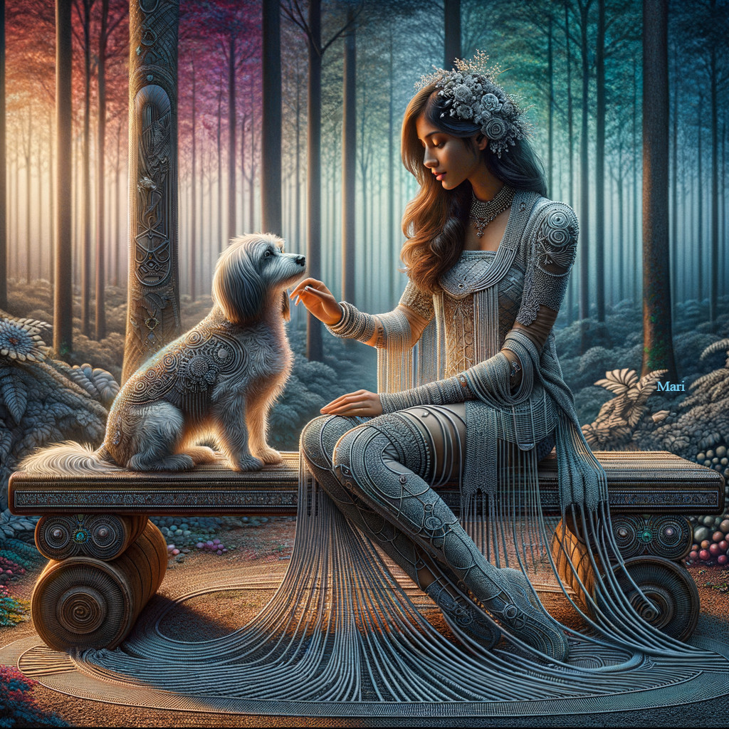 Graceful Woman and Dog in a Mystical Forest Setting