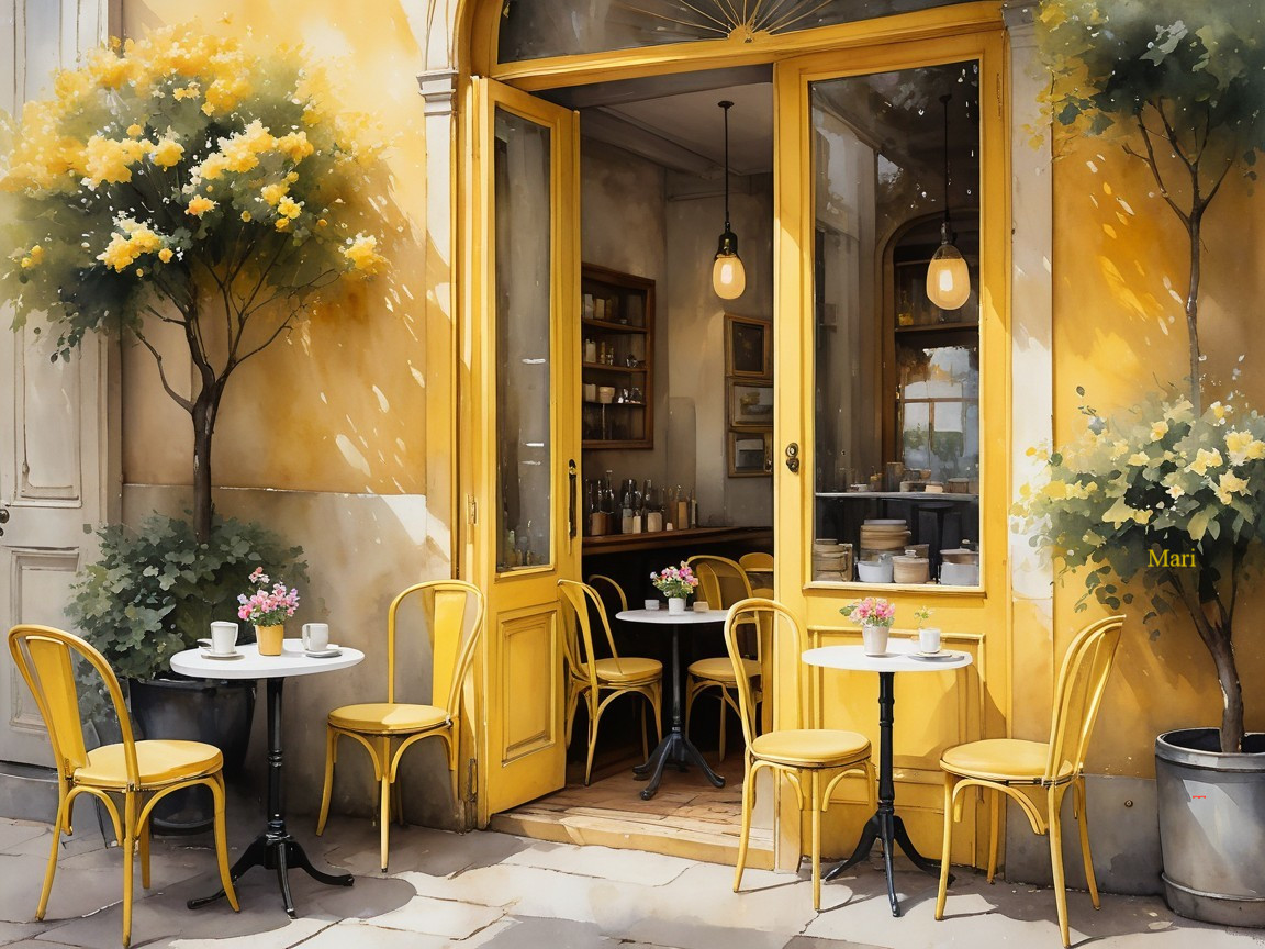 Charming café with yellow facade and outdoor seating