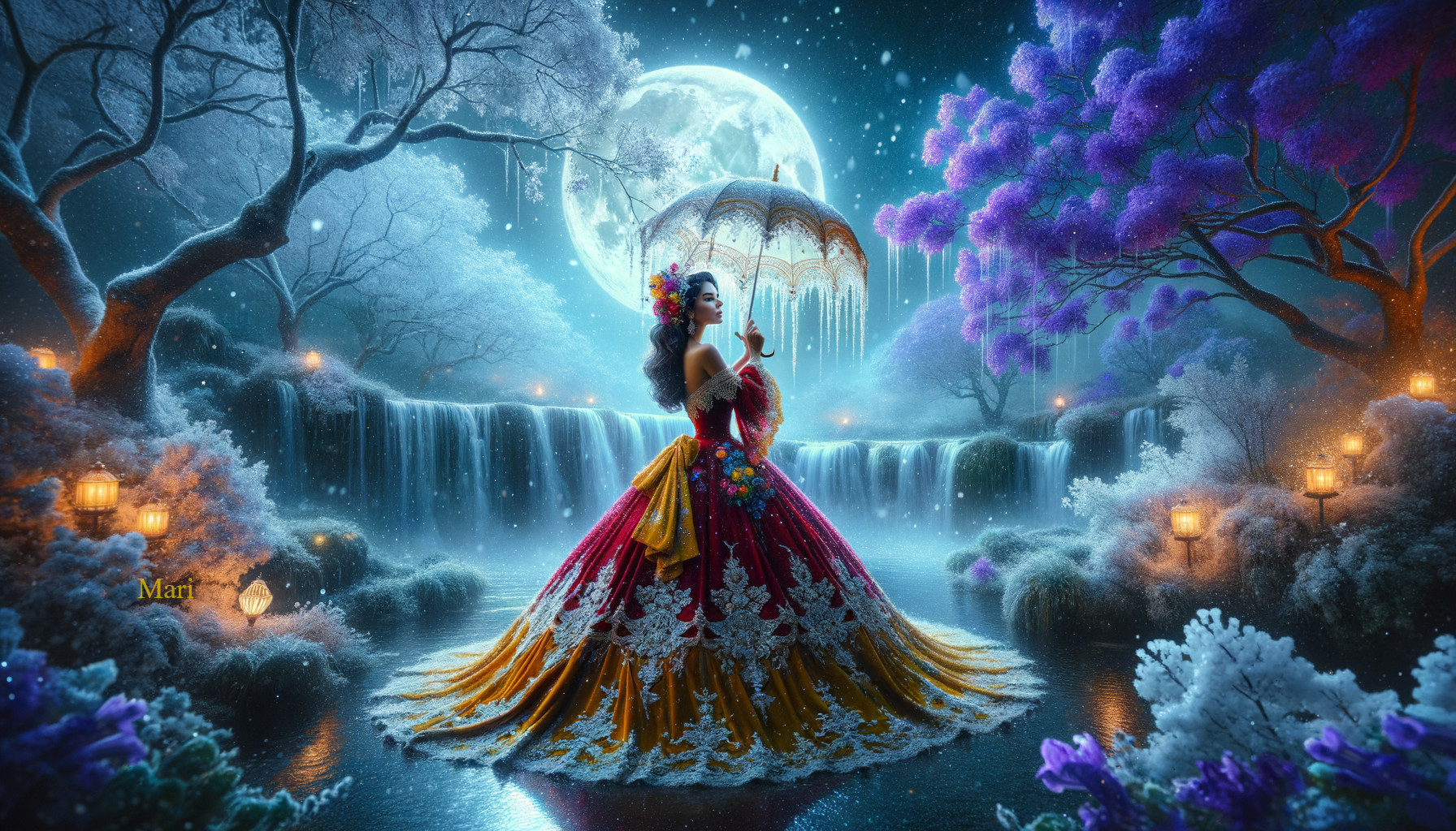 Mystical Landscape with Woman by Serene Waterfall
