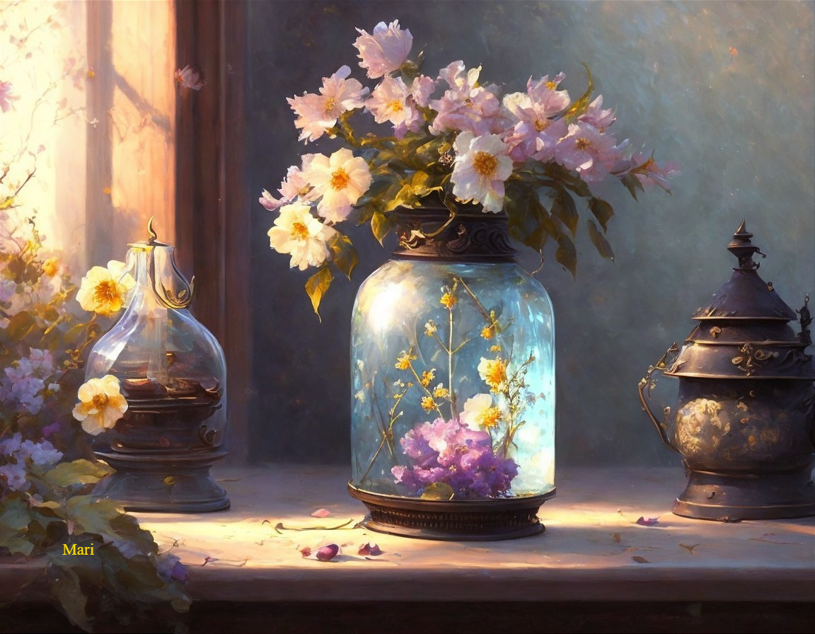 Still Life of Flowers in Glass Jar on Rustic Table