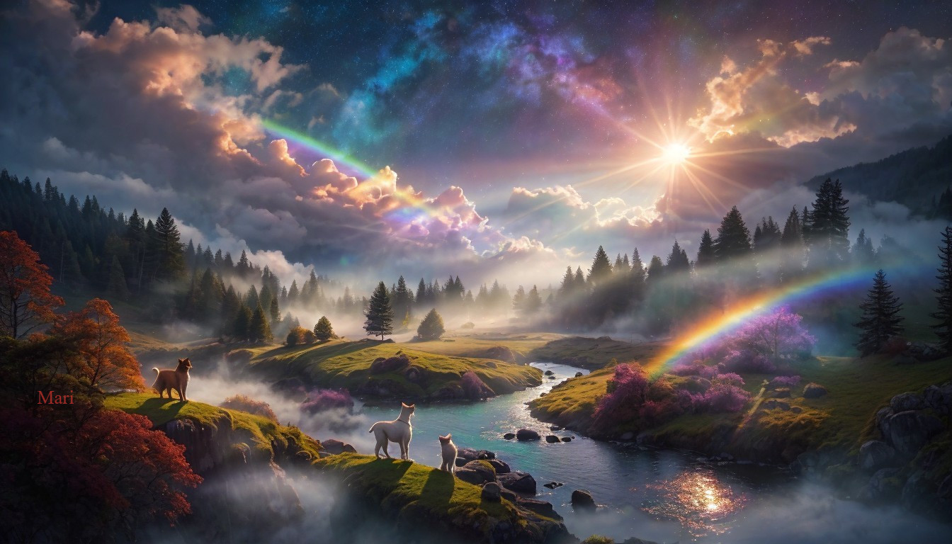 Vibrant Sunset Over Misty Valley with Dogs and Rainbow