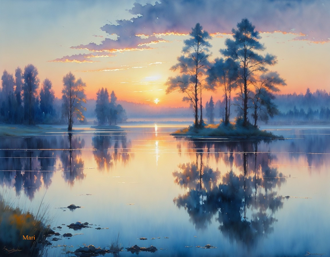 Serene Lake at Sunrise with Pine Tree Island Reflection