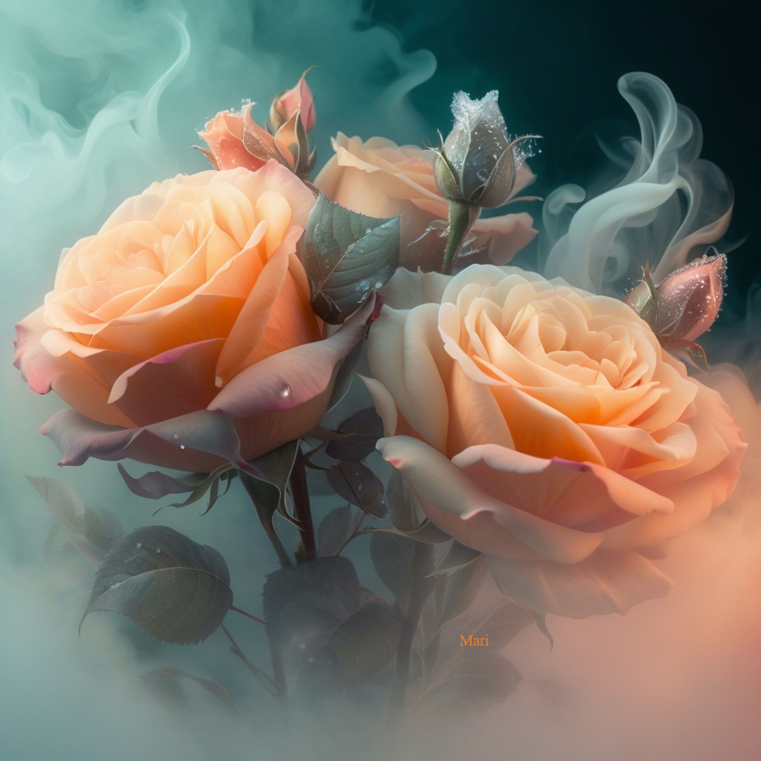 Peach Roses Surrounded by Mist and Water Droplets