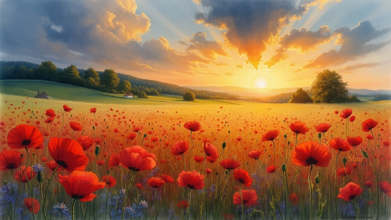Vibrant Red Poppy Field Under Warm Sunrise Light