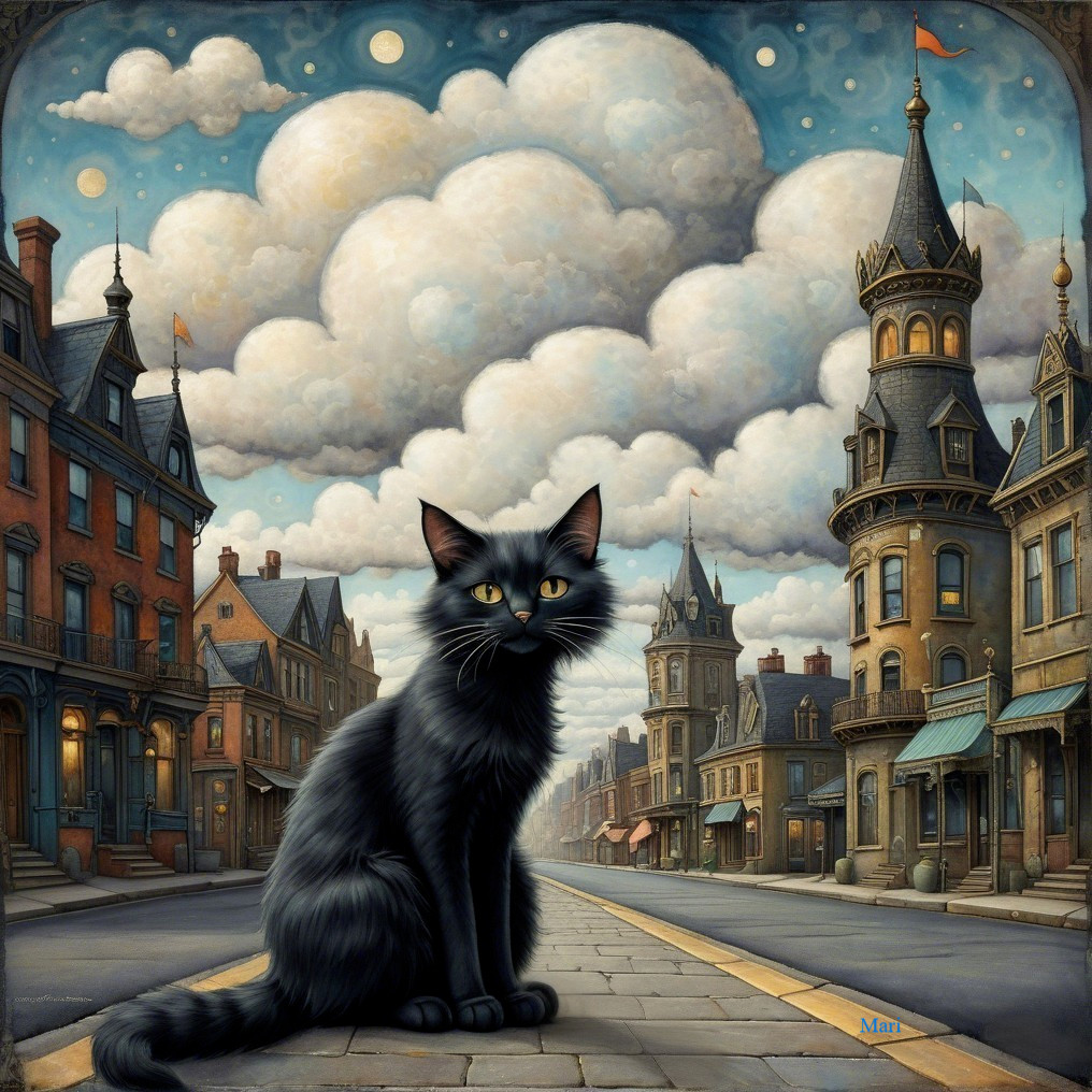 Black Cat on Cobblestone Street with Victorian Buildings