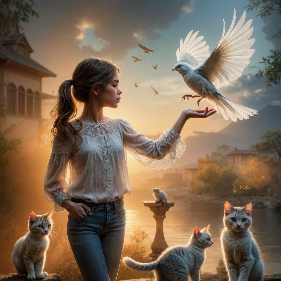 Young girl by river with bird and curious cats