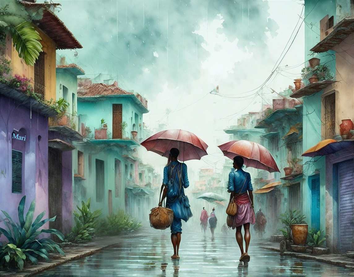 Vibrant Rainy Street with Colorful Houses and Umbrellas