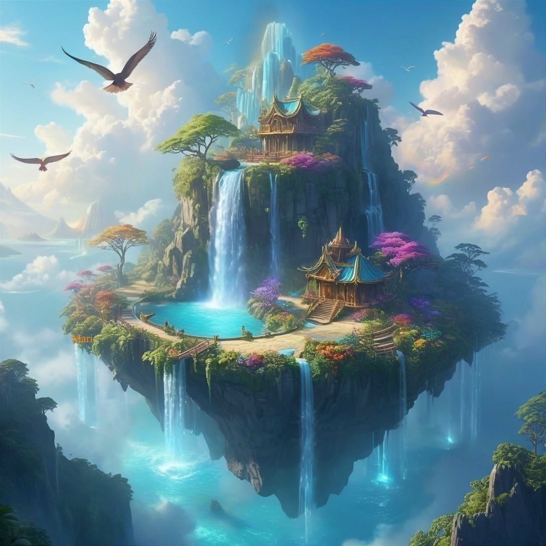 Floating Island with Lush Greenery and Waterfalls