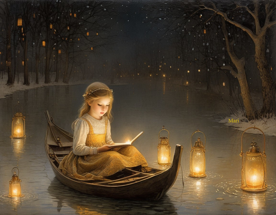 Young girl reading in a boat on a moonlit river