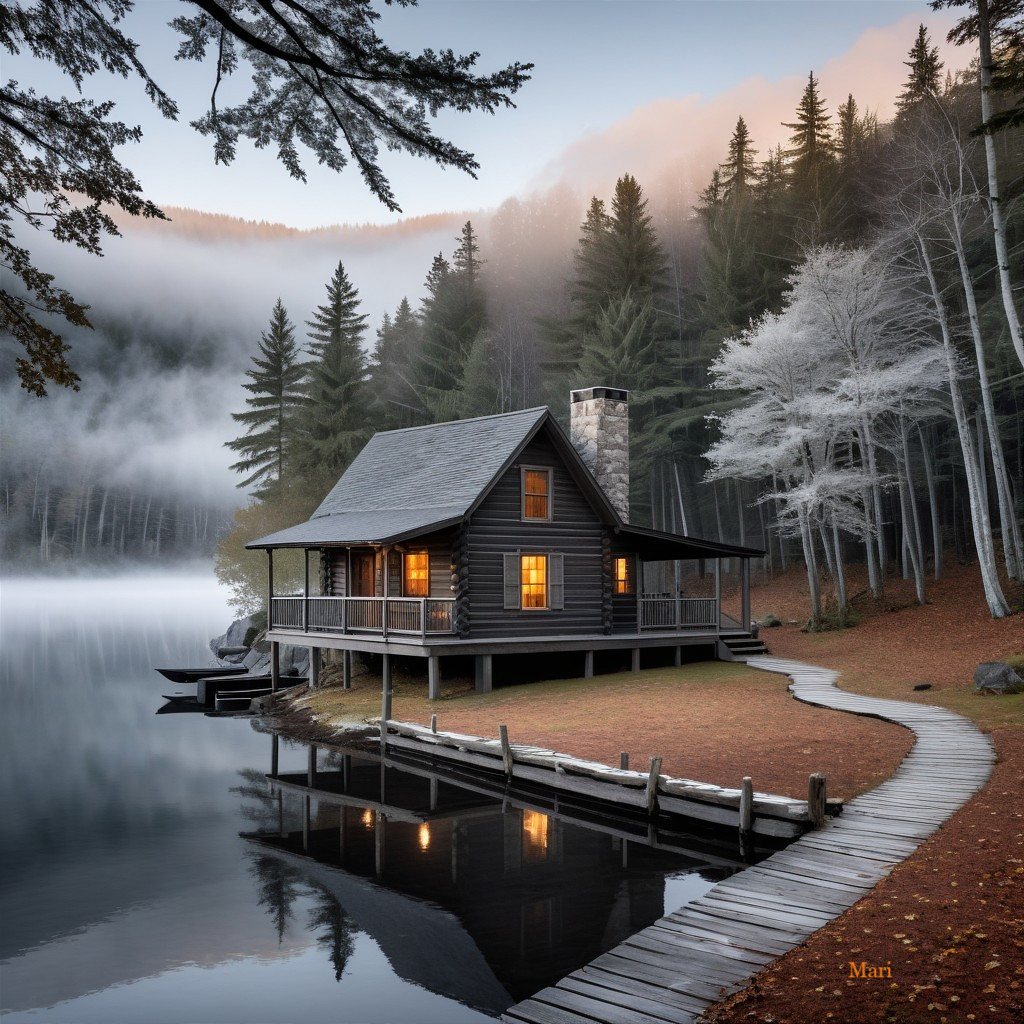 Cozy log cabin by serene lake and misty mountains