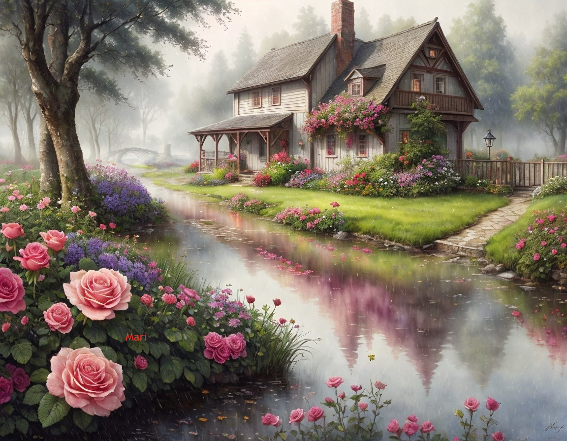 Cottage with Thatched Roof and Lush Gardens