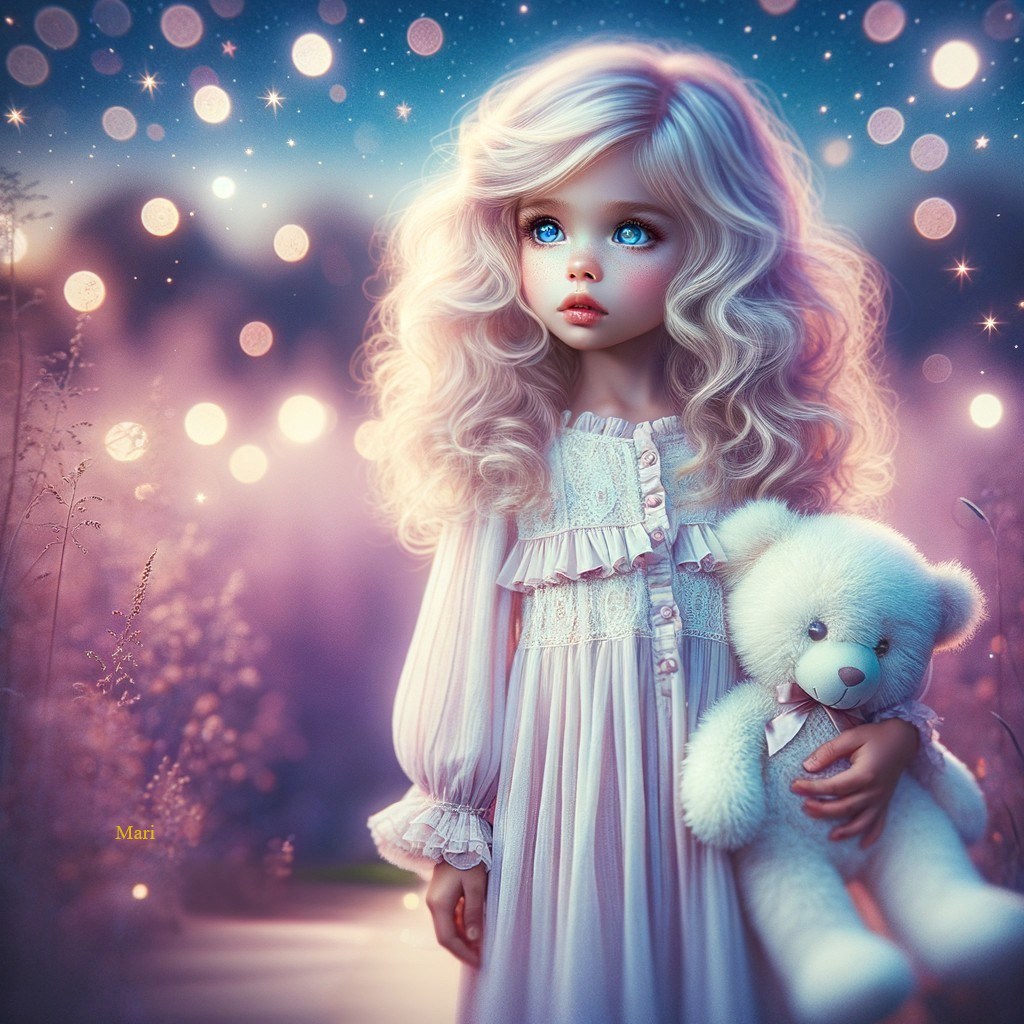 Whimsical Scene of a Girl with Teddy Bear in Pastels