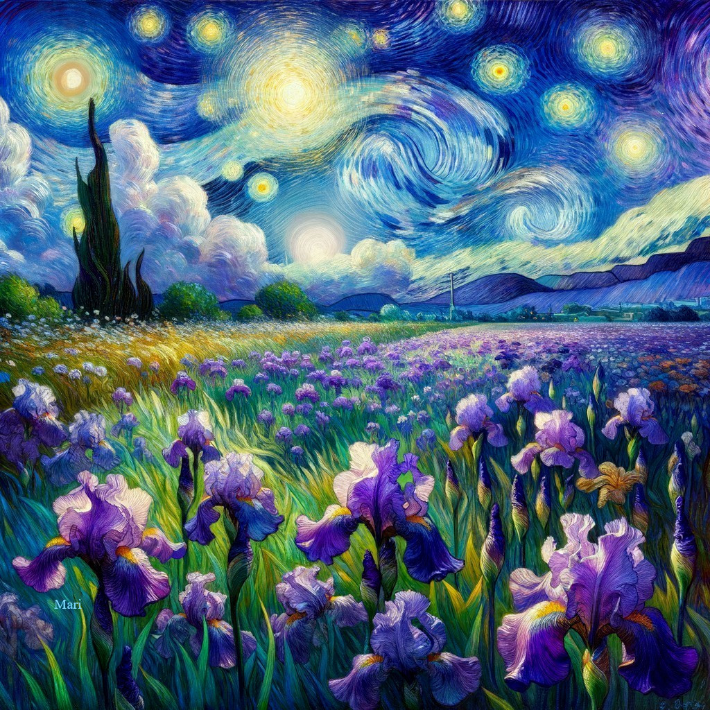Vibrant Iris Field Under Starry Sky with Moonlight