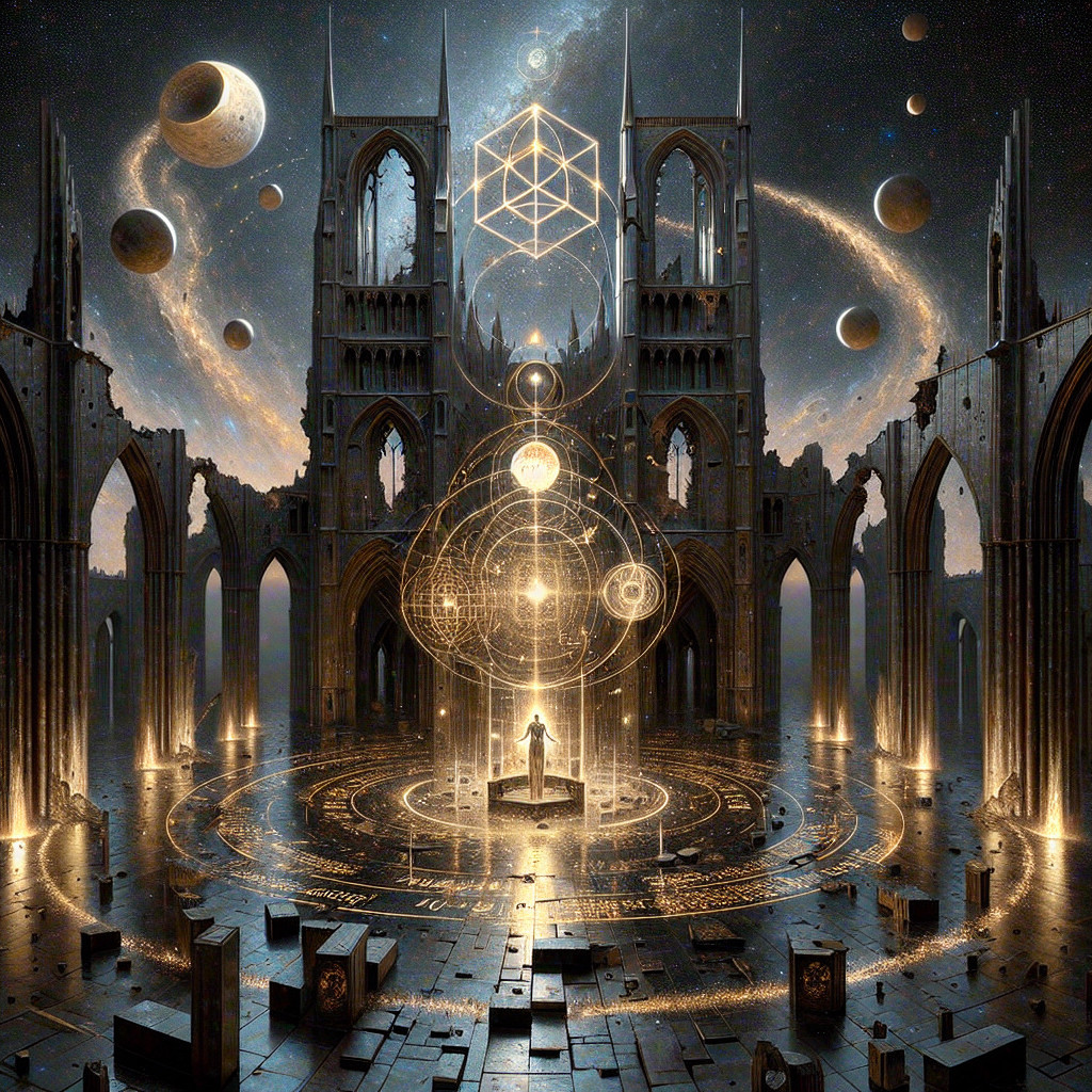 Ancient Cathedral Ruins with Ethereal Light and Symbols