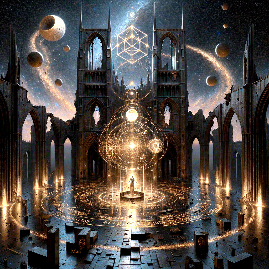 Ancient Cathedral Ruins with Ethereal Light and Symbols